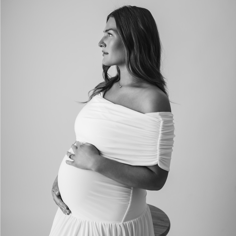 White Asymmetric-Neck Maternity Maxi Dress With Drop-Waist - Picture 8 of 9